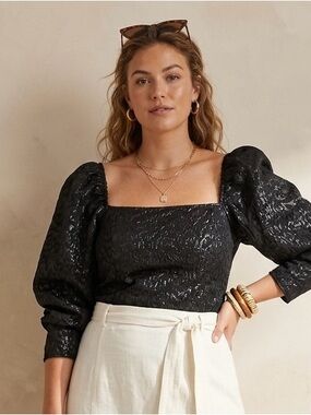 H&M Black Textured Puff Sleeve Square Neck Top | Size XL